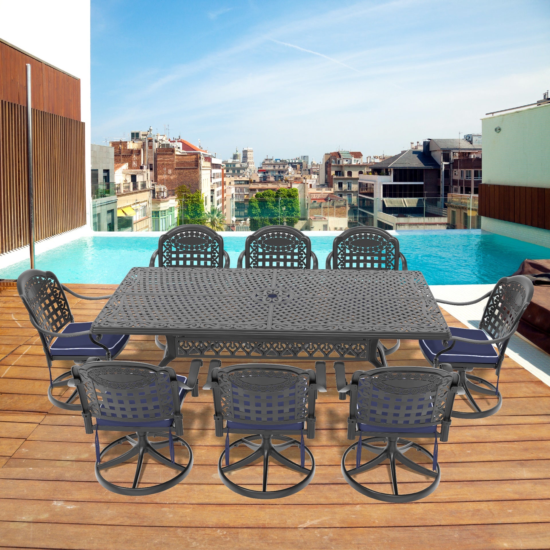 9-Piece All-Weather Cast Aluminum Dining Set, Include 8 Swivel Chairs and Rectangular Table With Black Frame (same sku:W1710S00476)