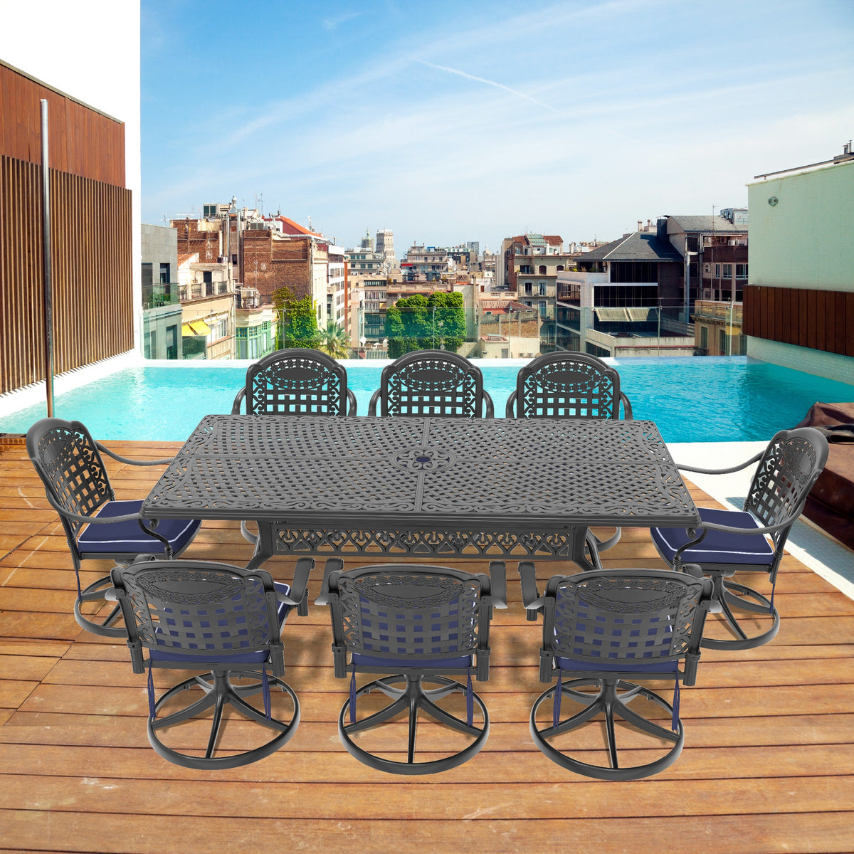 9-Piece All-Weather Cast Aluminum Dining Set, Include 8 Swivel Chairs and Rectangular Table With Black Frame (same sku:W1710S00476)