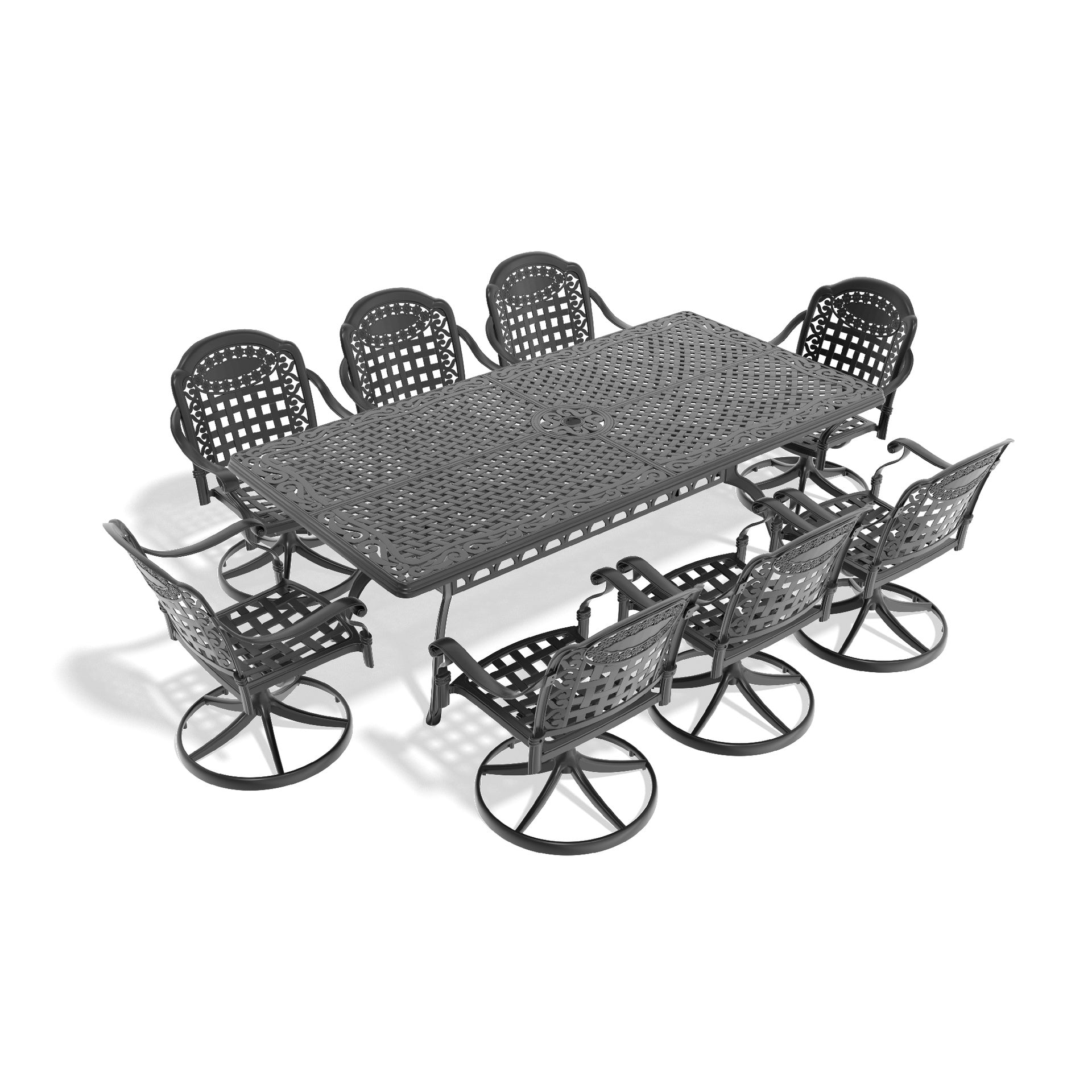 9-Piece All-Weather Cast Aluminum Dining Set, Include 8 Swivel Chairs and Rectangular Table With Black Frame (same sku:W1710S00476)
