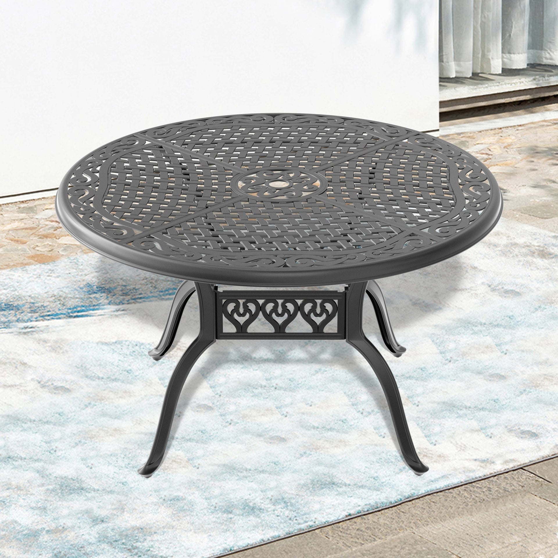 Outdoor Patio Dining Table 48 Inch Cast Aluminum with Umbrella Hole Black Frame