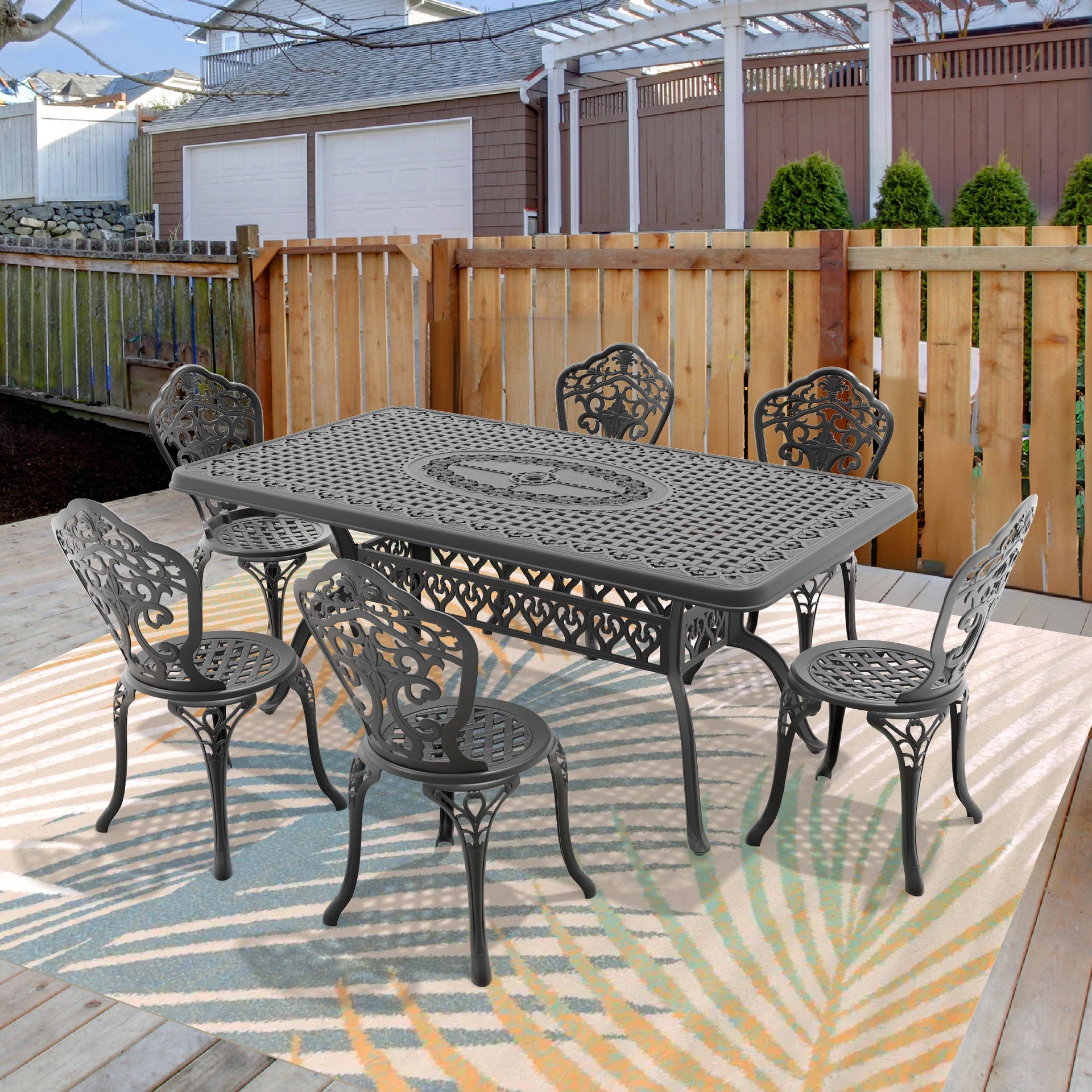 7-Piece Set Of All-Weather Cast Aluminum Dining Furniture Set With Black Frame