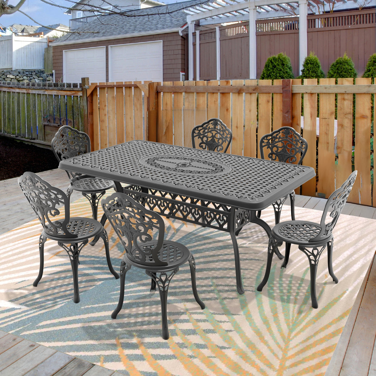 7-Piece Set Of All-Weather Cast Aluminum Dining Furniture Set With Black Frame