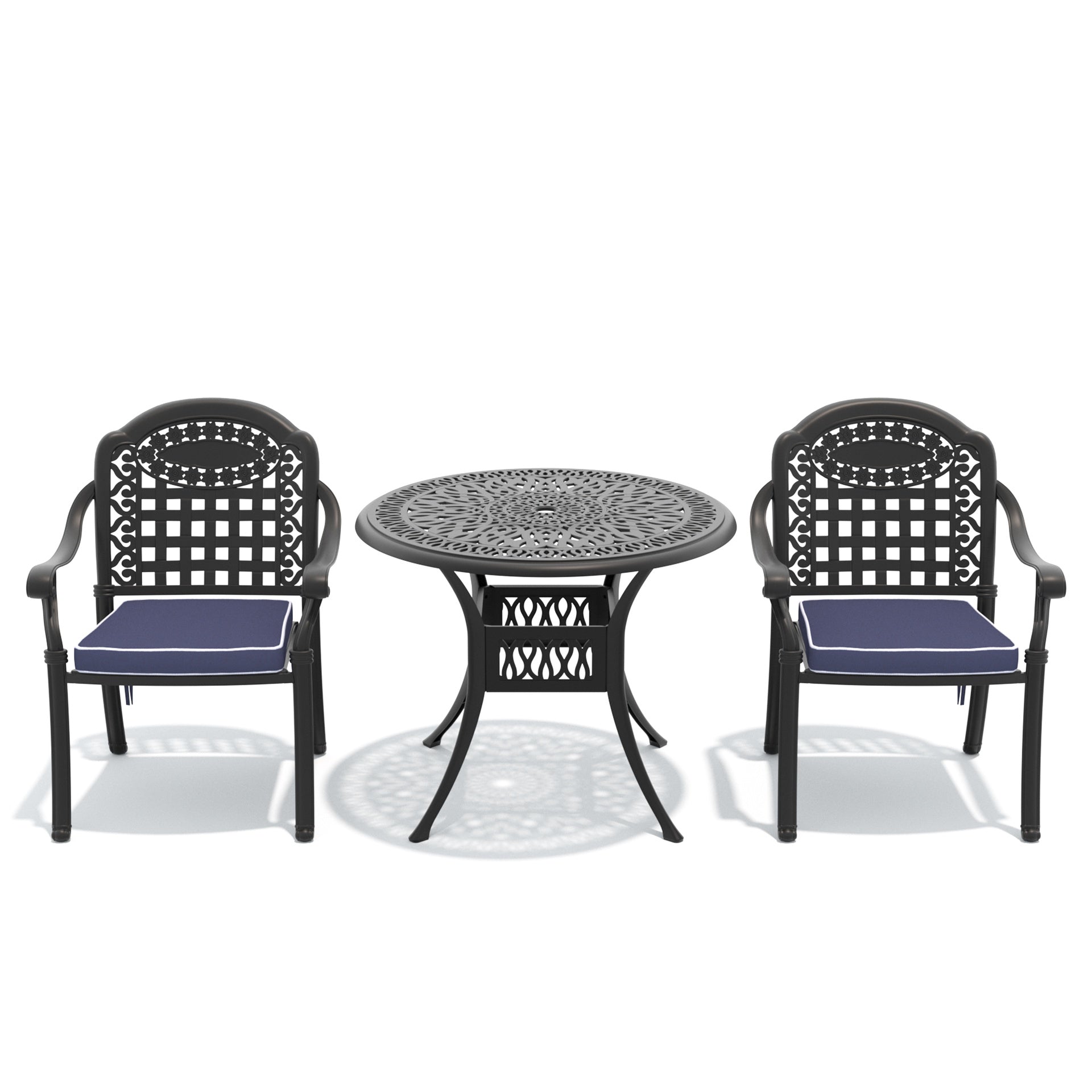 3-Piece Set Of Cast Aluminum Patio Furniture With Blue Cushions