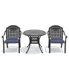 3-Piece Set Of Cast Aluminum Patio Furniture With Blue Cushions