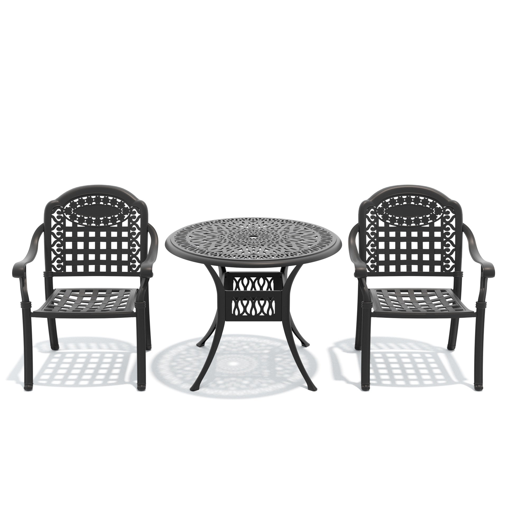 3-Piece Set Of Cast Aluminum Patio Furniture With Blue Cushions