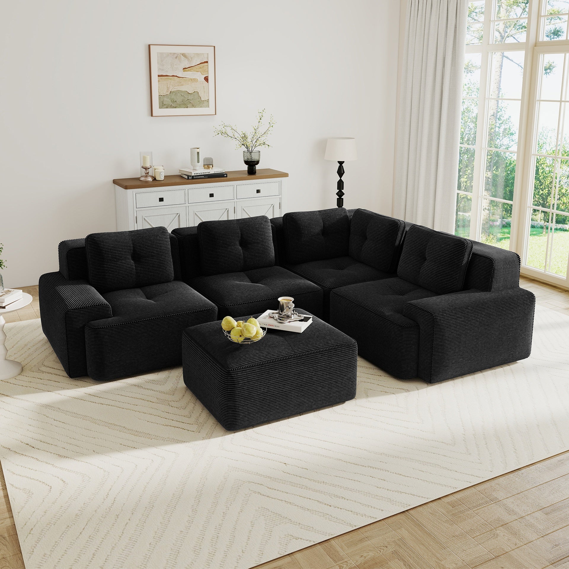 Modern Modular Sectional Sofa with 4-Seater,V Shaped  Corner Couch,Corduroy Fabric,Deep Seat for Living Room, Movable Ottoman,Pearl-like piping, Tufted Design, No Assembly, Anti-slip Design,Black
