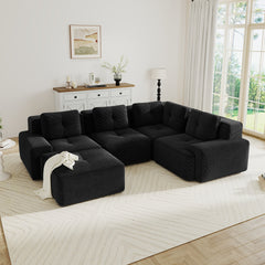 Modern Modular Sectional Sofa with 4-Seater,V Shaped  Corner Couch,Corduroy Fabric,Deep Seat for Living Room, Movable Ottoman,Pearl-like piping, Tufted Design, No Assembly, Anti-slip Design,Black