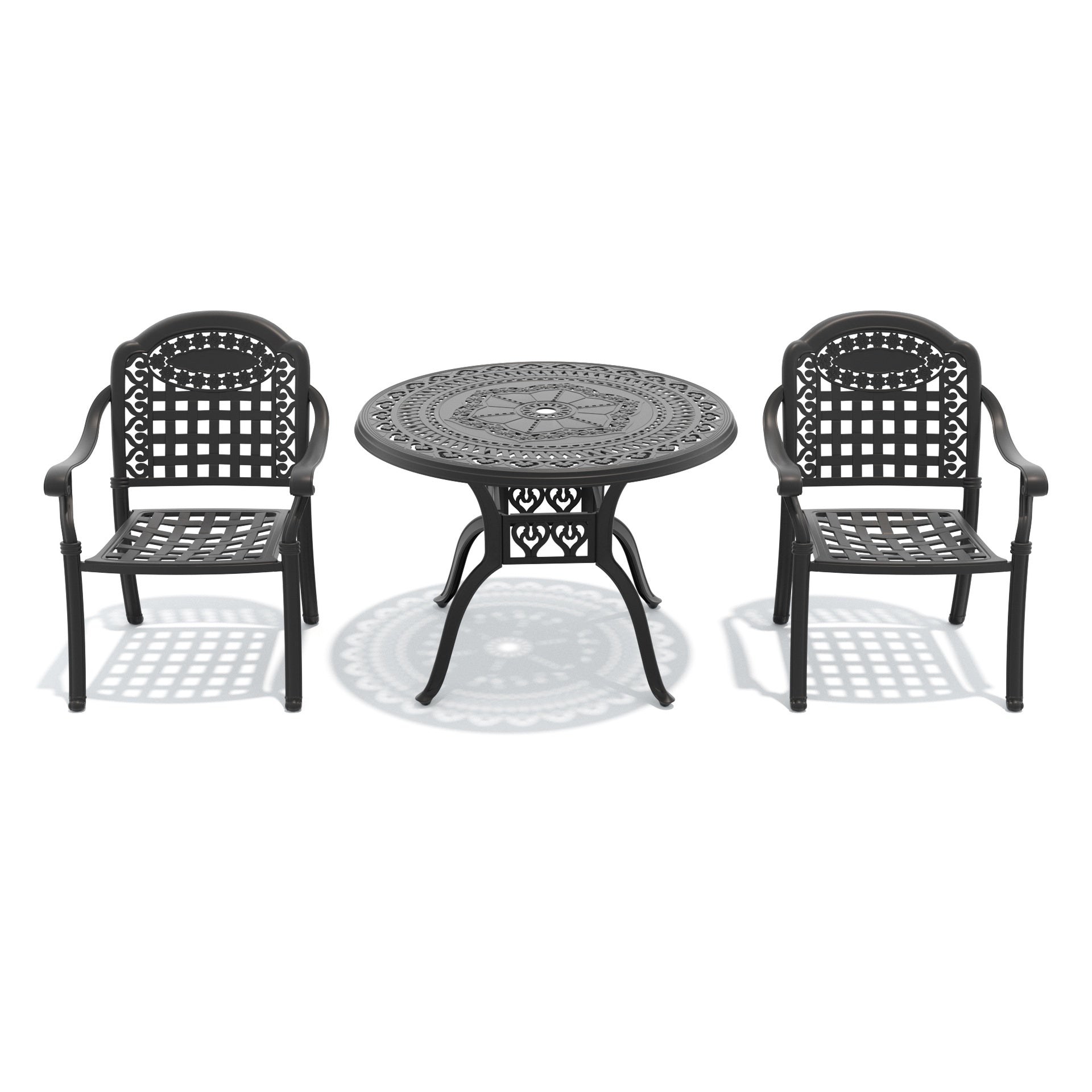 3-Piece Set Of Cast Aluminum Patio Furniture With Blue Cushions