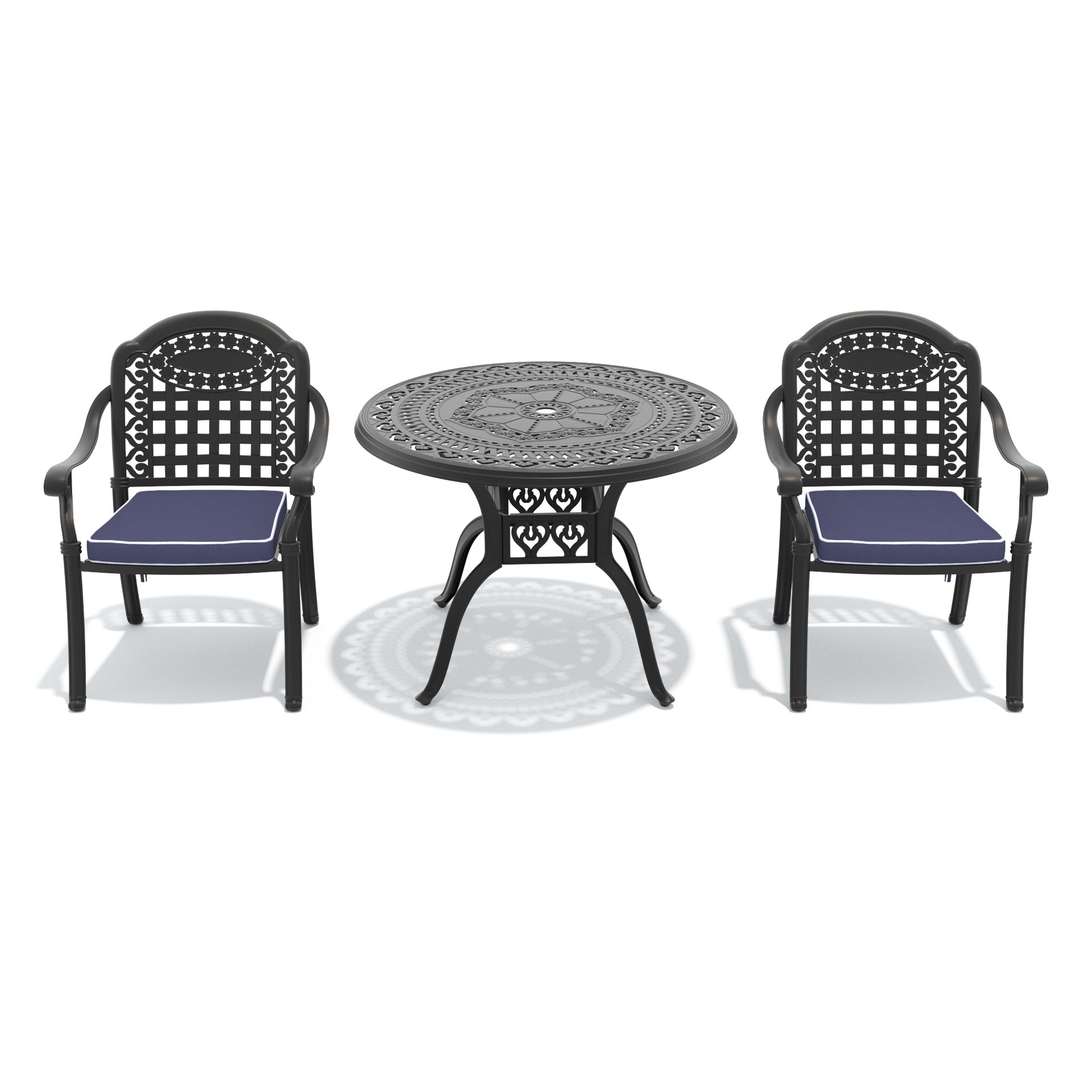3-Piece Set Of Cast Aluminum Patio Furniture With Blue Cushions