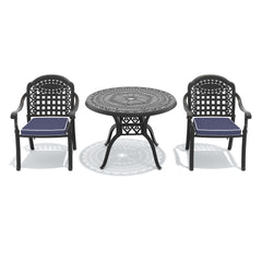 3-Piece Set Of Cast Aluminum Patio Furniture With Blue Cushions