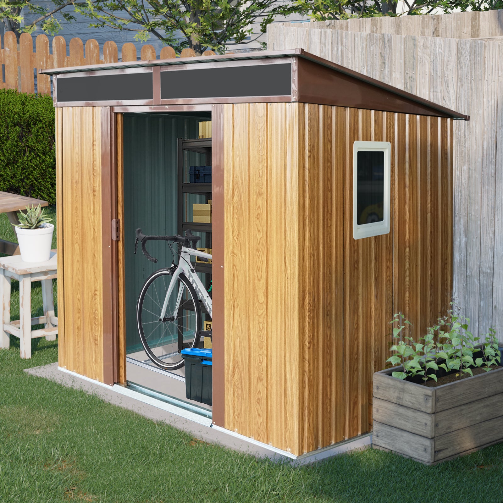 6ft x 5ft Outdoor Metal Storage Shed with Window and Transparent plate for Garden, Lawn (Coffee)