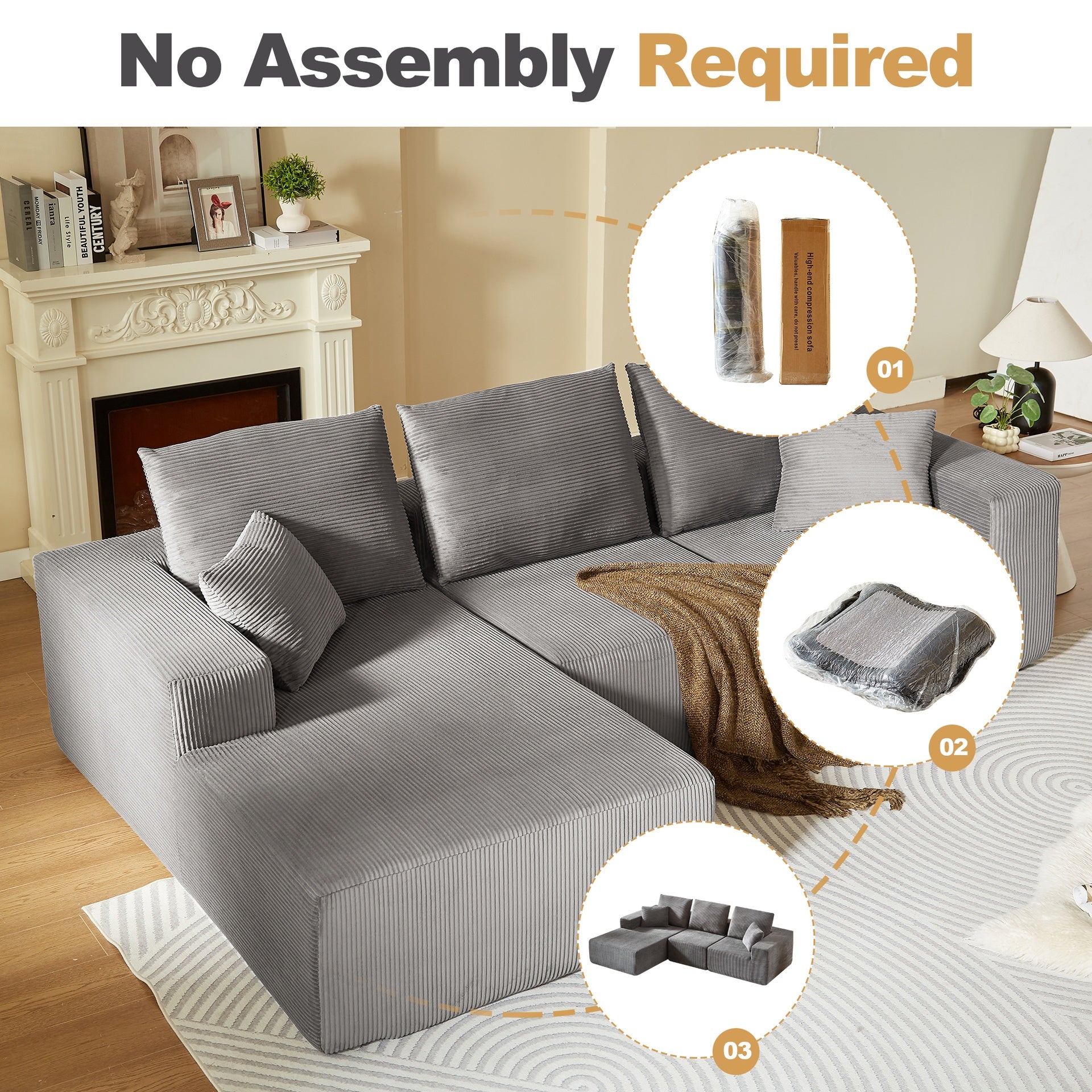 Modular Sectional Sofa with Chaise, Modern L Shaped Cloud Couch with Deep Seat, Sectional Couches for Living Room, Bedroom, Office, No Assembly Required