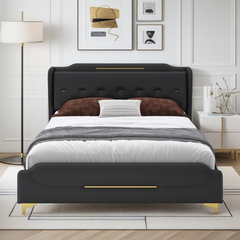 King Size Leather Bed frame with Wingback Headboard & Footboard, PU Upholstered Platform bed, Solid Wooden Slats Support, Easy Assembly