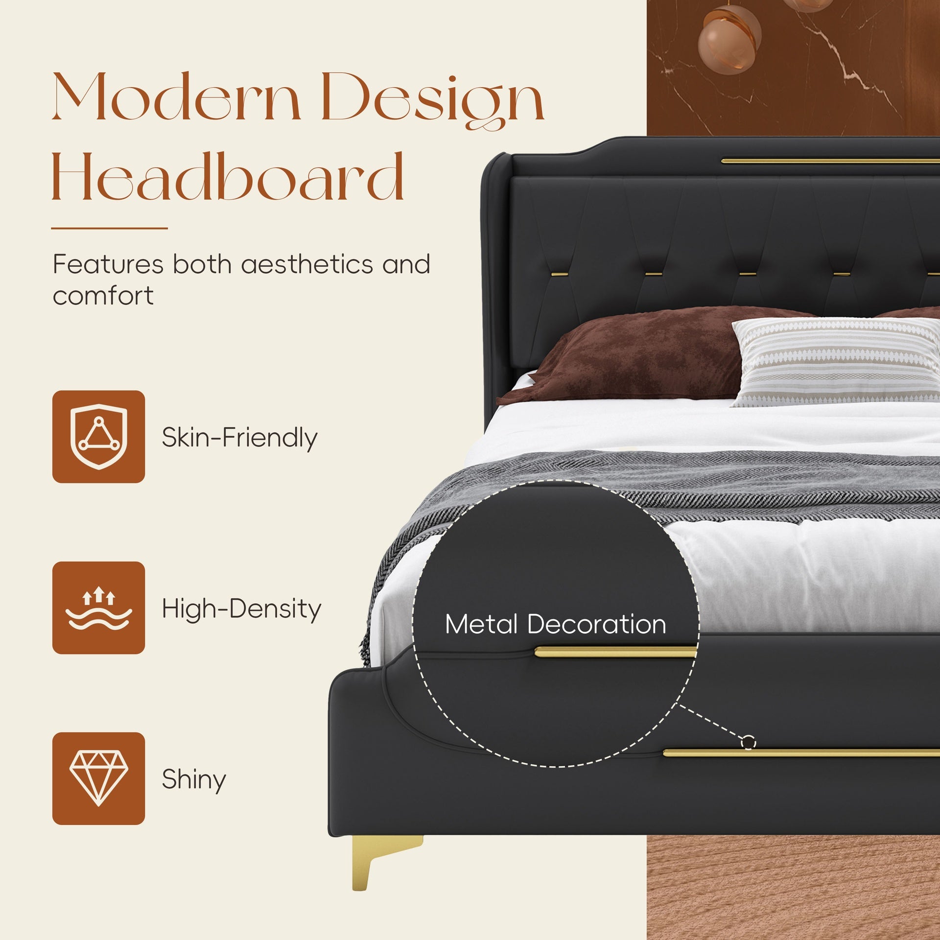 King Size Leather Bed frame with Wingback Headboard & Footboard, PU Upholstered Platform bed, Solid Wooden Slats Support, Easy Assembly