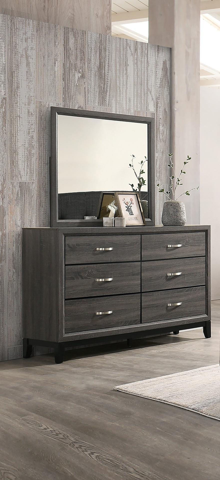 Rustic Style 1pc Dresser Gray Finish Metal Handles Black Wooden Legs Bedroom Furniture
