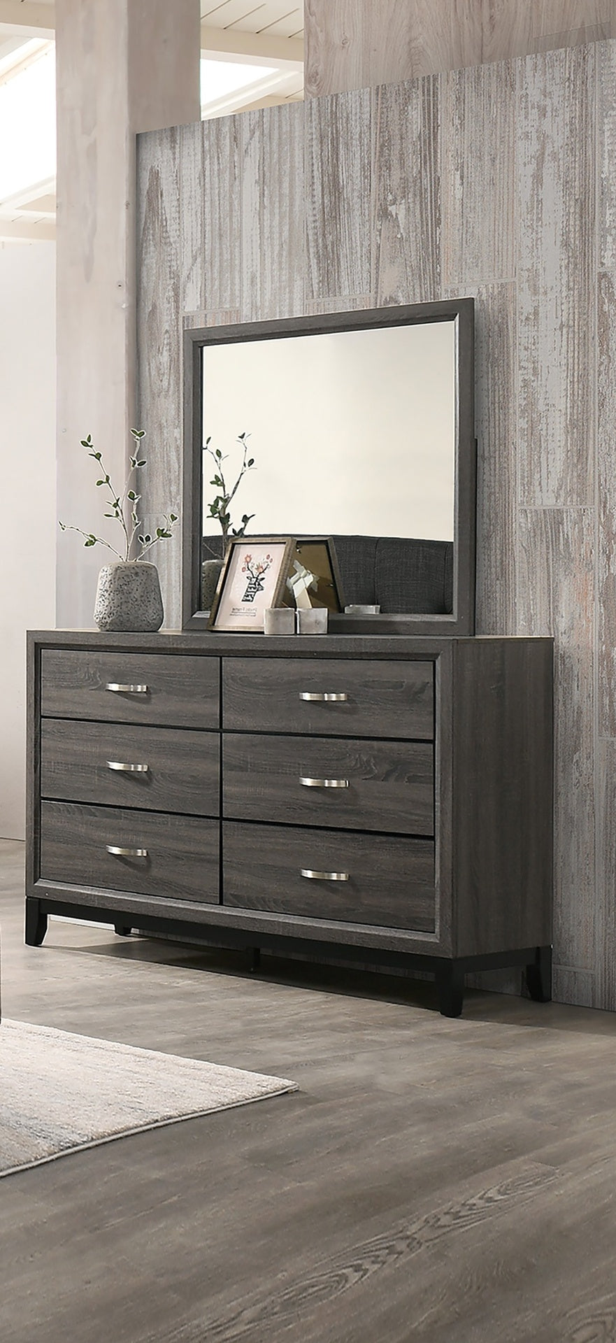 Rustic Style 1pc Dresser Gray Finish Metal Handles Black Wooden Legs Bedroom Furniture