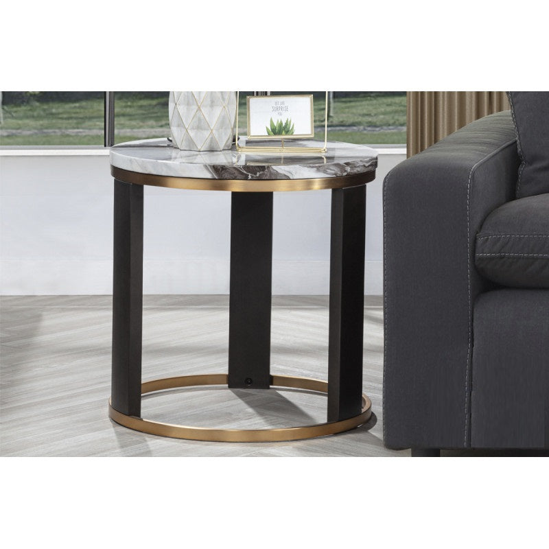 24" Round Icelandic Ivory Faux Marble End Table, Living Room Sofa Side Table with Gold Accent, Brown/Gold