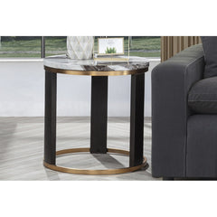 24" Round Icelandic Ivory Faux Marble End Table, Living Room Sofa Side Table with Gold Accent, Brown/Gold