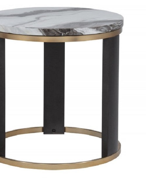 24" Round Icelandic Ivory Faux Marble End Table, Living Room Sofa Side Table with Gold Accent, Brown/Gold