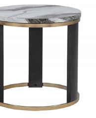 24" Round Icelandic Ivory Faux Marble End Table, Living Room Sofa Side Table with Gold Accent, Brown/Gold