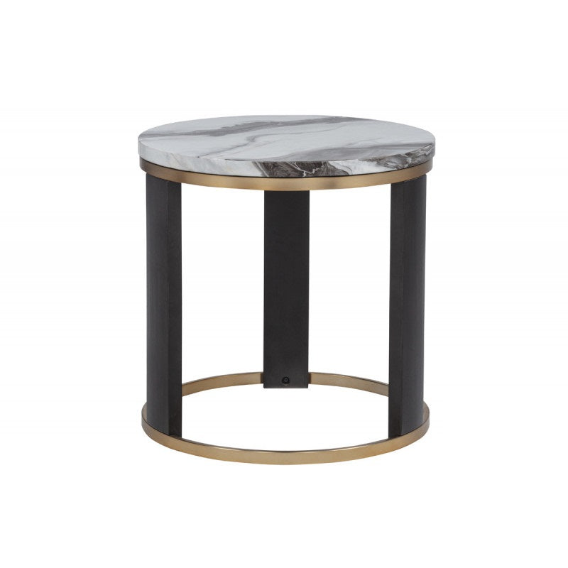 24" Round Icelandic Ivory Faux Marble End Table, Living Room Sofa Side Table with Gold Accent, Brown/Gold