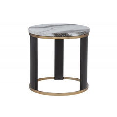 24" Round Icelandic Ivory Faux Marble End Table, Living Room Sofa Side Table with Gold Accent, Brown/Gold