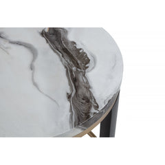24" Round Icelandic Ivory Faux Marble End Table, Living Room Sofa Side Table with Gold Accent, Brown/Gold