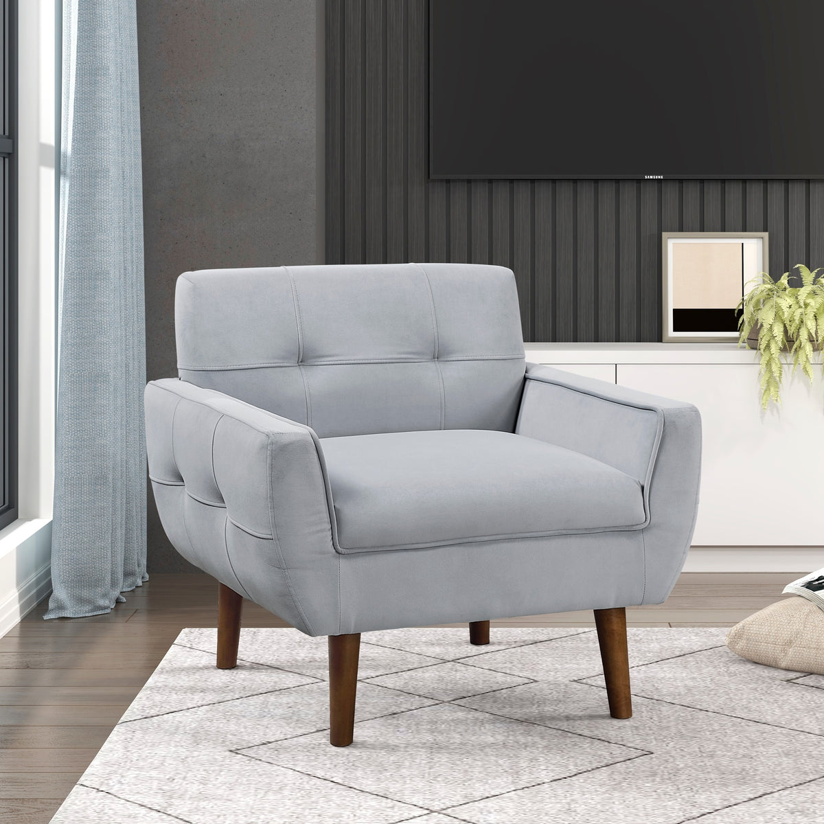 Gray Accent Chair Upholstered Velvet Cushion Seat Back Tufted Contemporary Living Room Furniture 1pc