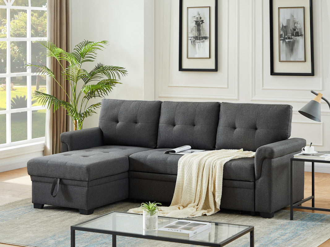 Jardin 84"W Dark Gray Linen Reversible Sleeper Sectional Sofa with Storage Chaise