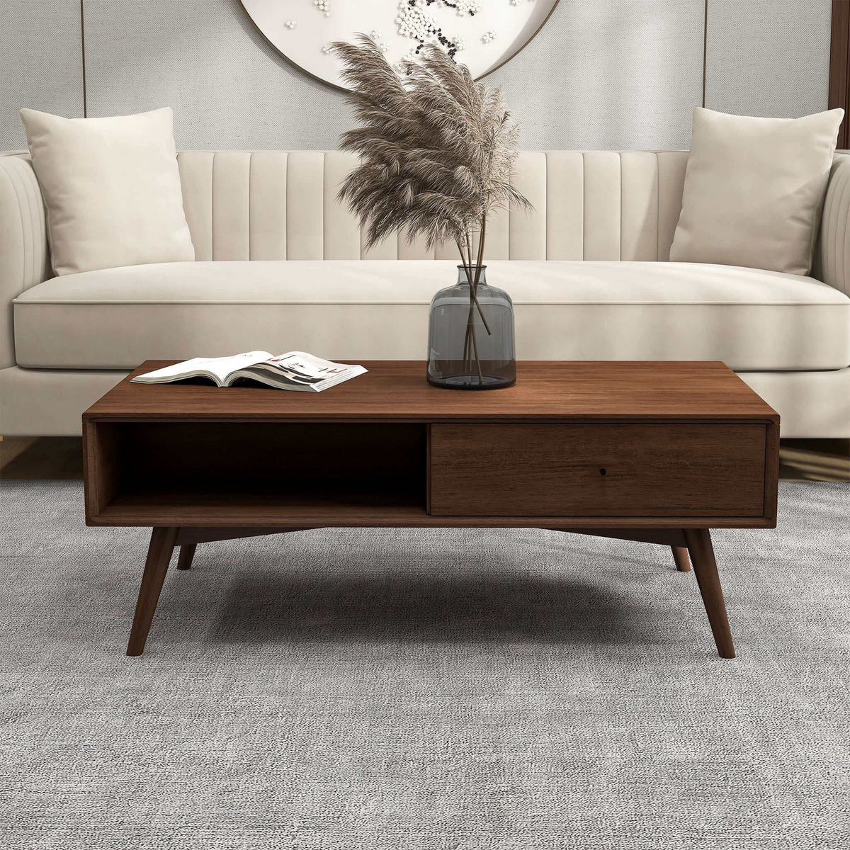 Caroline Mid-Century Modern Walnut Coffee Table Solid Wood 23.5x47.5x17.5 inches for Living Room, Home Small Space, Brown