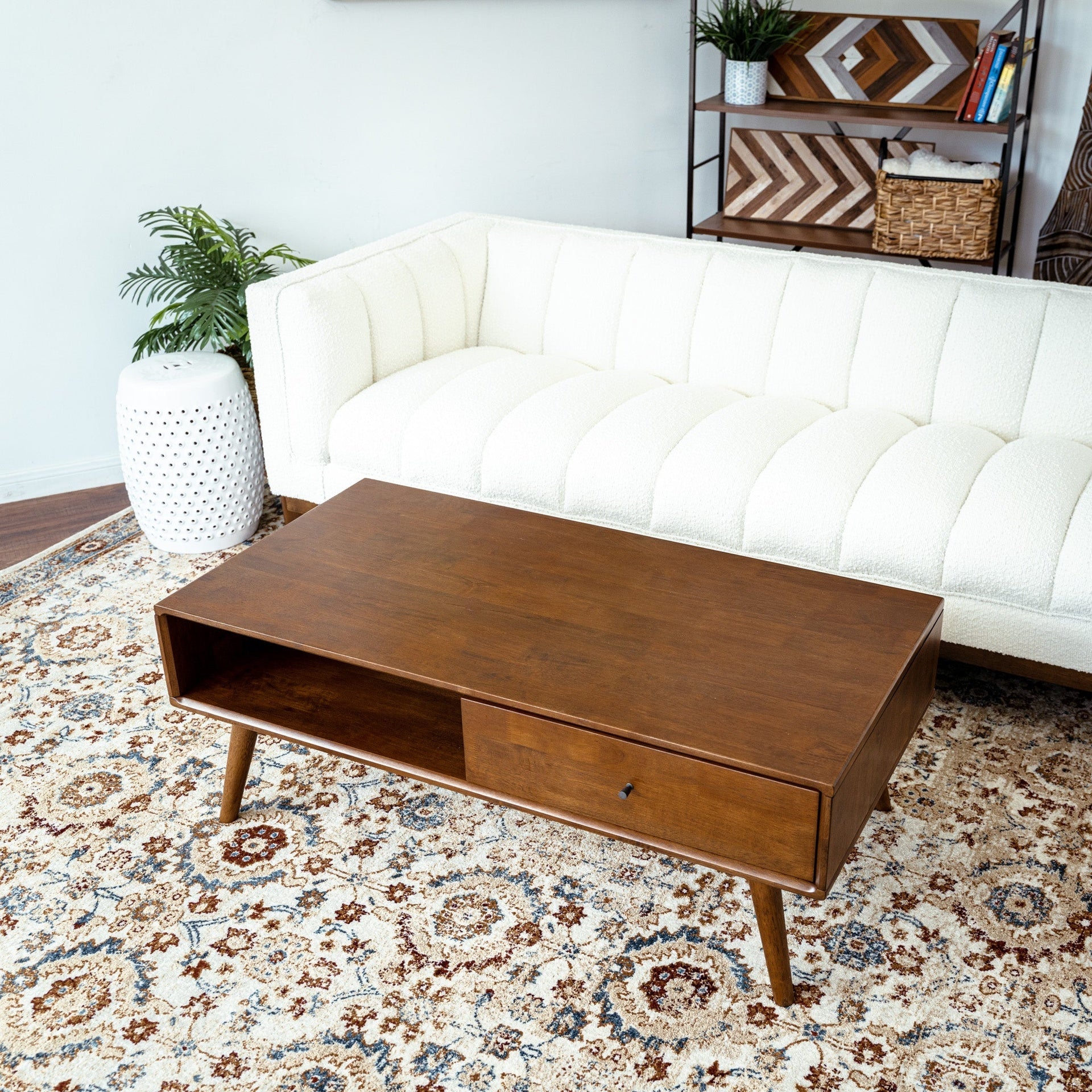 Caroline Mid-Century Modern Walnut Coffee Table Solid Wood 23.5x47.5x17.5 inches for Living Room, Home Small Space, Brown