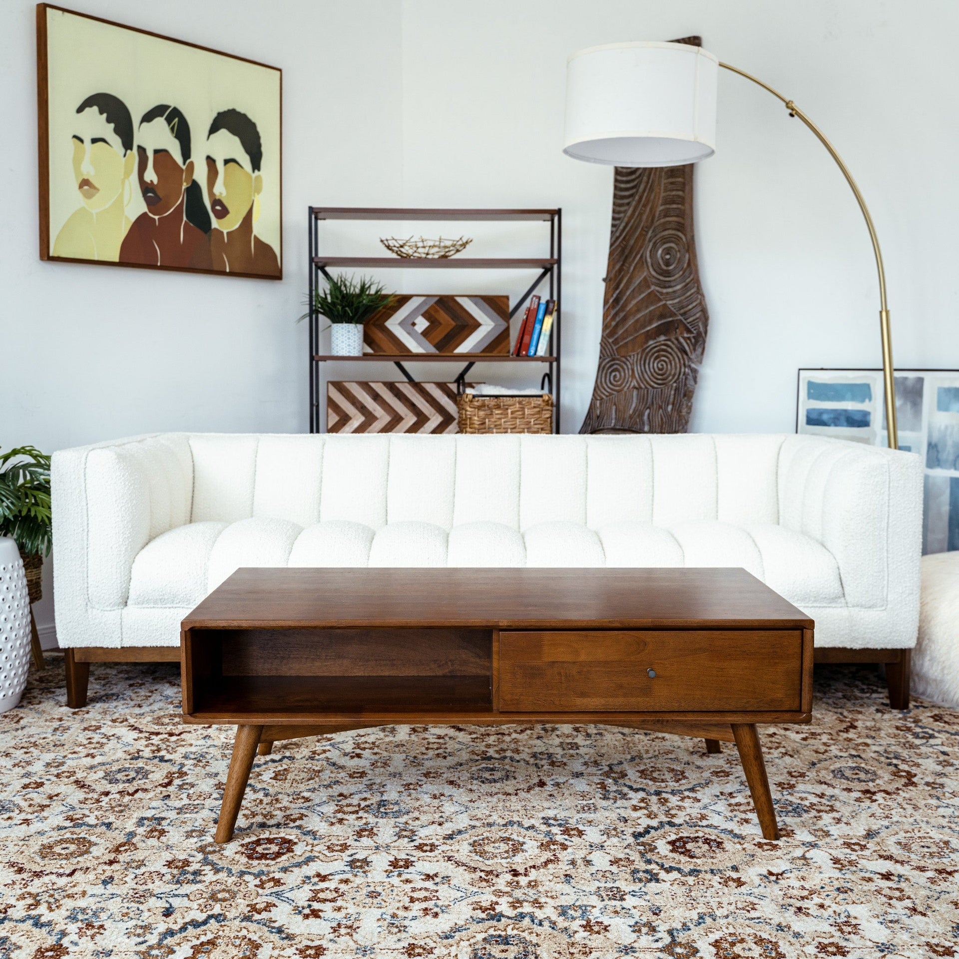 Caroline Mid-Century Modern Walnut Coffee Table Solid Wood 23.5x47.5x17.5 inches for Living Room, Home Small Space, Brown