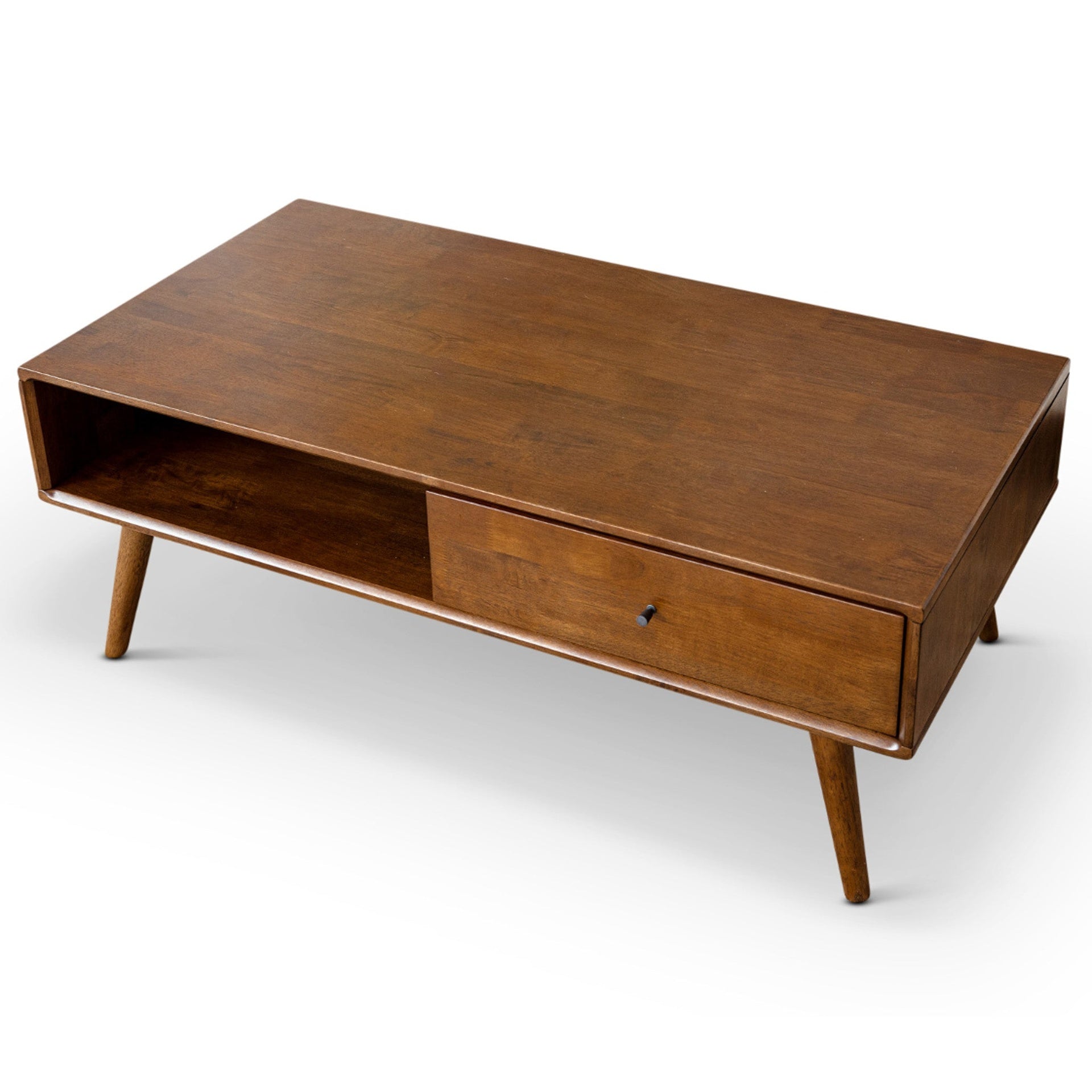 Caroline Mid-Century Modern Walnut Coffee Table Solid Wood 23.5x47.5x17.5 inches for Living Room, Home Small Space, Brown