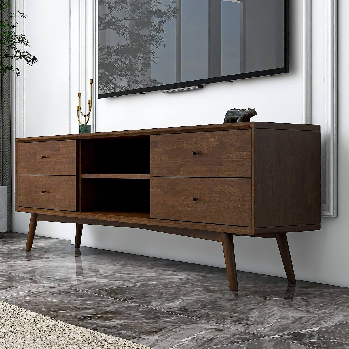 Caroline Mid Century Modern Style Walnut TV Stand for Flat-Screen TVs Up To 71 Inches in Brown Solid Wood for Bedroom, Hallway, Entryway, Closet, Tall Chest Organizer Unit