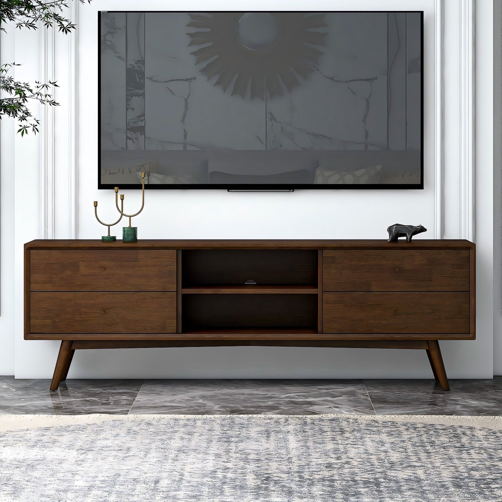 Caroline Mid Century Modern Style Walnut TV Stand for Flat-Screen TVs Up To 71 Inches in Brown Solid Wood for Bedroom, Hallway, Entryway, Closet, Tall Chest Organizer Unit