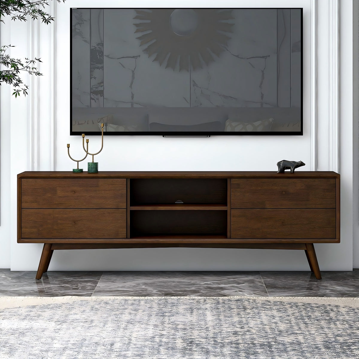 Caroline Mid Century Modern Style Walnut TV Stand for Flat-Screen TVs Up To 71 Inches in Brown Solid Wood for Bedroom, Hallway, Entryway, Closet, Tall Chest Organizer Unit