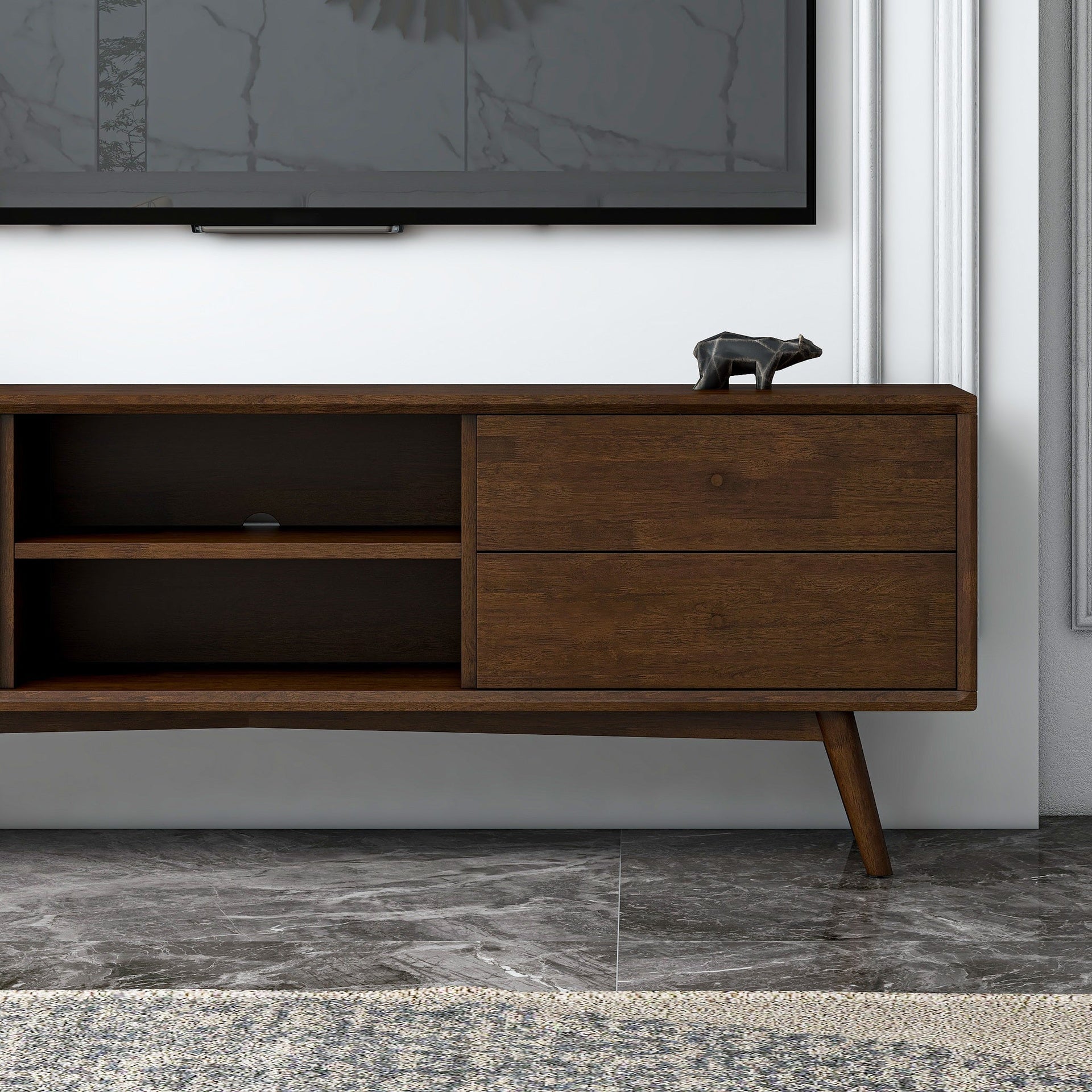 Caroline Mid Century Modern Style Walnut TV Stand for Flat-Screen TVs Up To 71 Inches in Brown Solid Wood for Bedroom, Hallway, Entryway, Closet, Tall Chest Organizer Unit