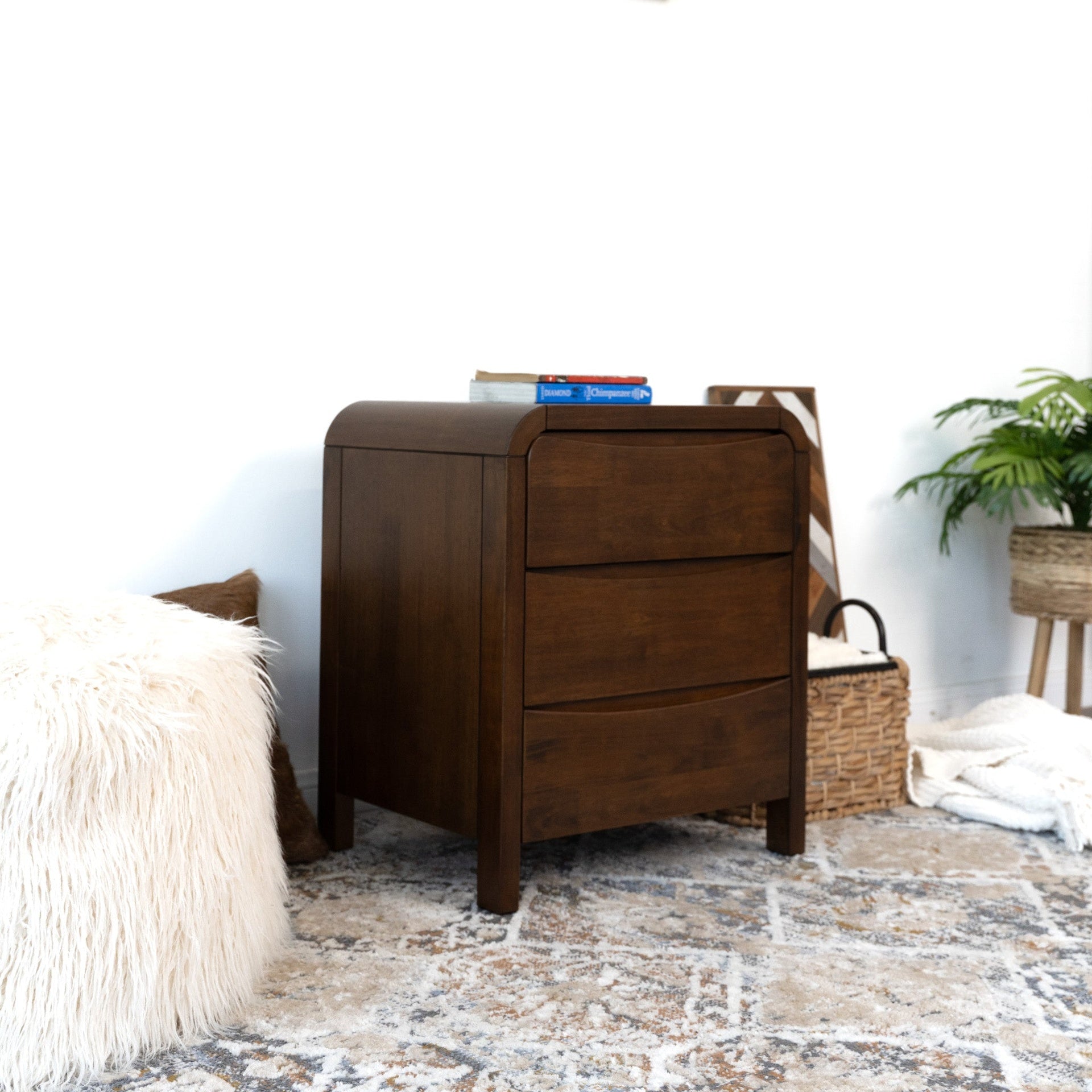 Lionel Mid Century Modern Solid Wood 3-Drawer Nightstand in Brown 23.6"H x 20.4"W x 15.7"D for Bedroom, Hallway, Entryway, Closet