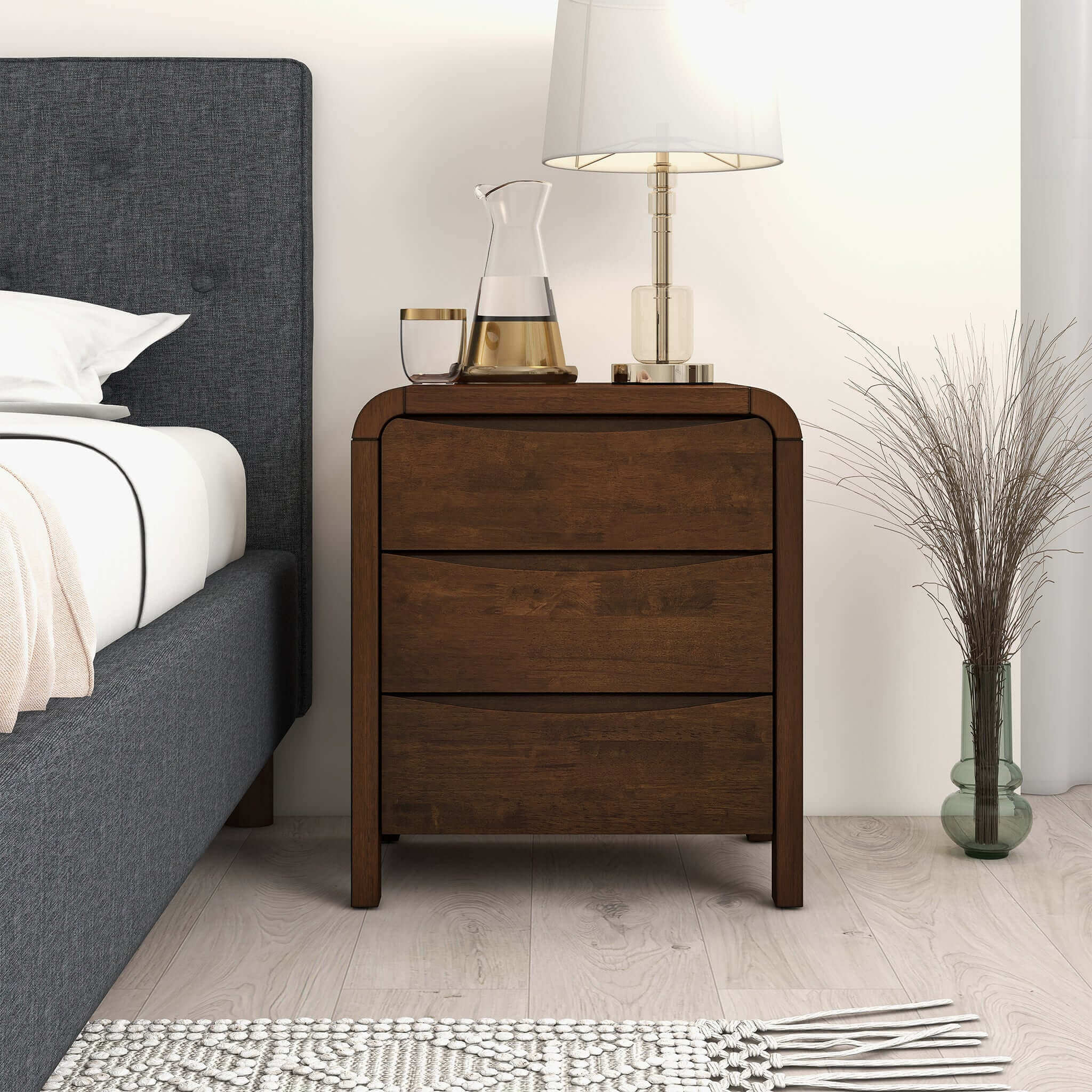 Lionel Mid Century Modern Solid Wood 3-Drawer Nightstand in Brown 23.6"H x 20.4"W x 15.7"D for Bedroom, Hallway, Entryway, Closet