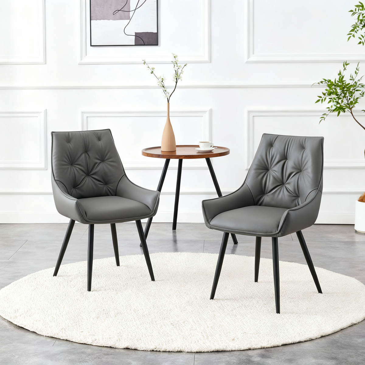 Dining Chairs Set of 2, Dark Gray Faux Leather Dining Room Chair, Metal Kitchen Chairs with Gold Mesh Texture and Black Sanded Legs, Flat Back Upholstered Chair (Dark Gray, Set of 2)