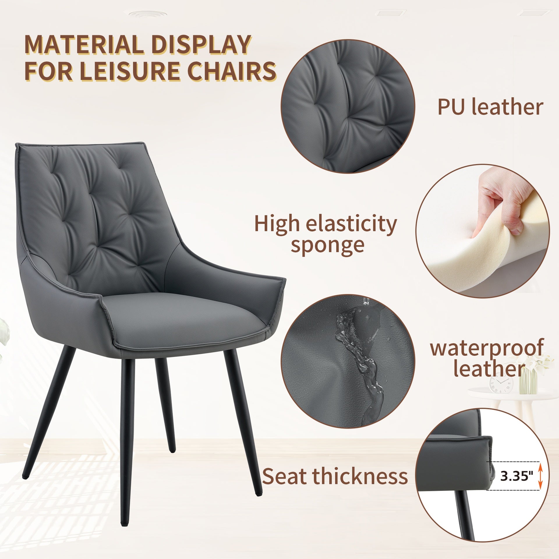 Dining Chairs Set of 2, Dark Gray Faux Leather Dining Room Chair, Metal Kitchen Chairs with Gold Mesh Texture and Black Sanded Legs, Flat Back Upholstered Chair (Dark Gray, Set of 2)
