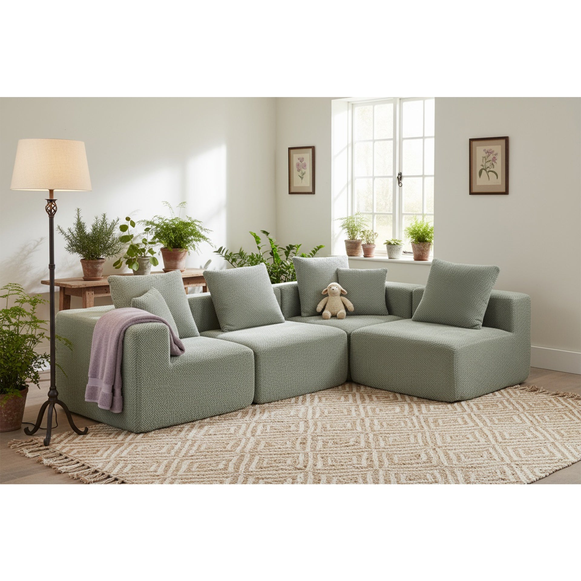 Modular Sectional for Living Room, Full-Foam Build, Textured Light Green Upholstery, Compact Compressed Package, Simple Assembly, Overall 111"x74"x24", 37" Module Size-Light Green