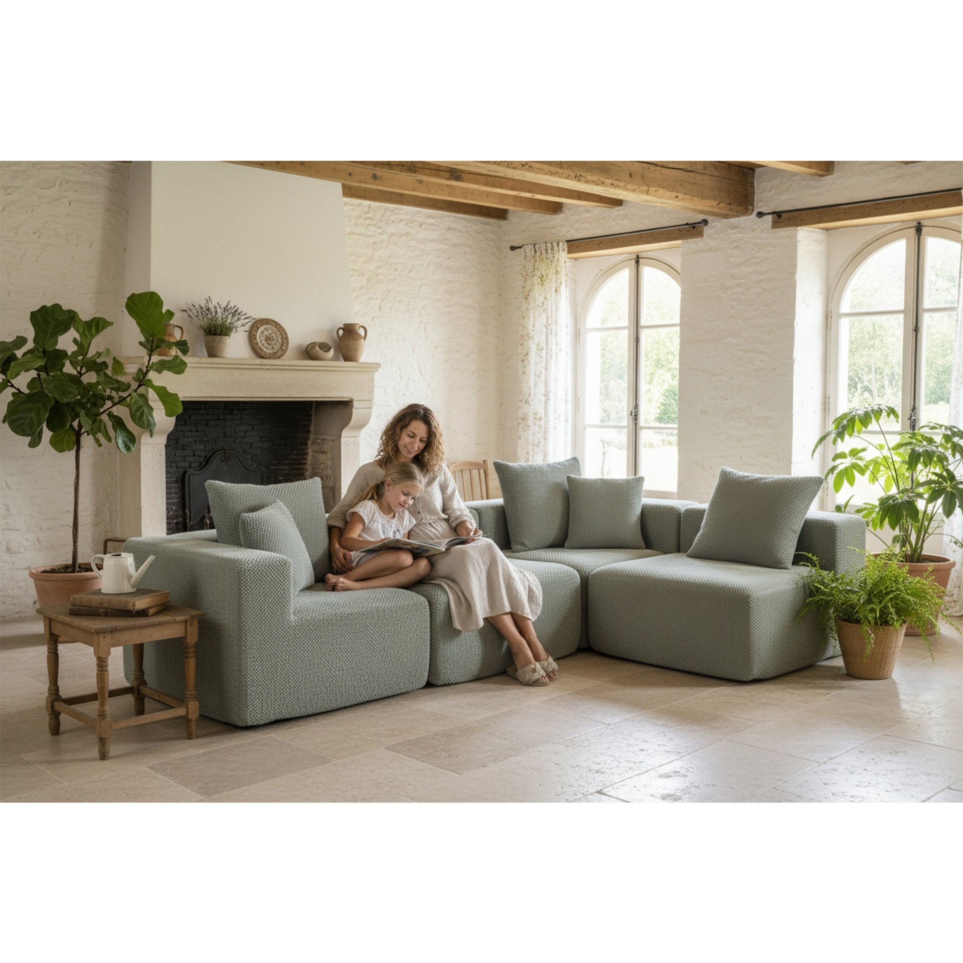Modular Sectional for Living Room, Full-Foam Build, Textured Light Green Upholstery, Compact Compressed Package, Simple Assembly, Overall 111"x74"x24", 37" Module Size-Light Green