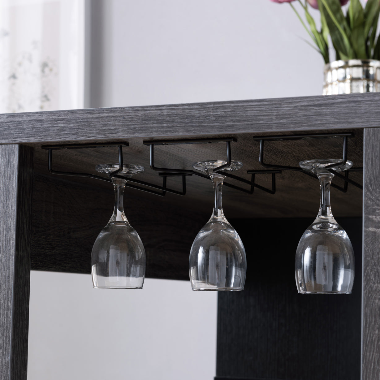 Home Bar Table with Wine Glass Compartment and Three Shelves in Distressed Grey & Black