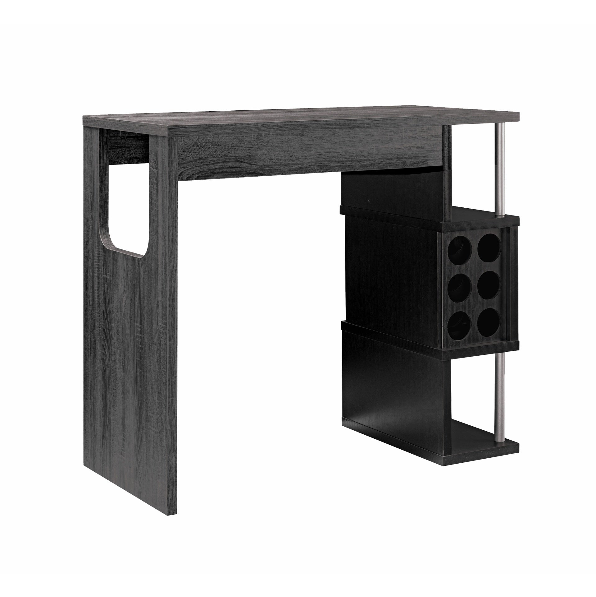 Home Bar Table with Wine Glass Compartment and Three Shelves in Distressed Grey & Black