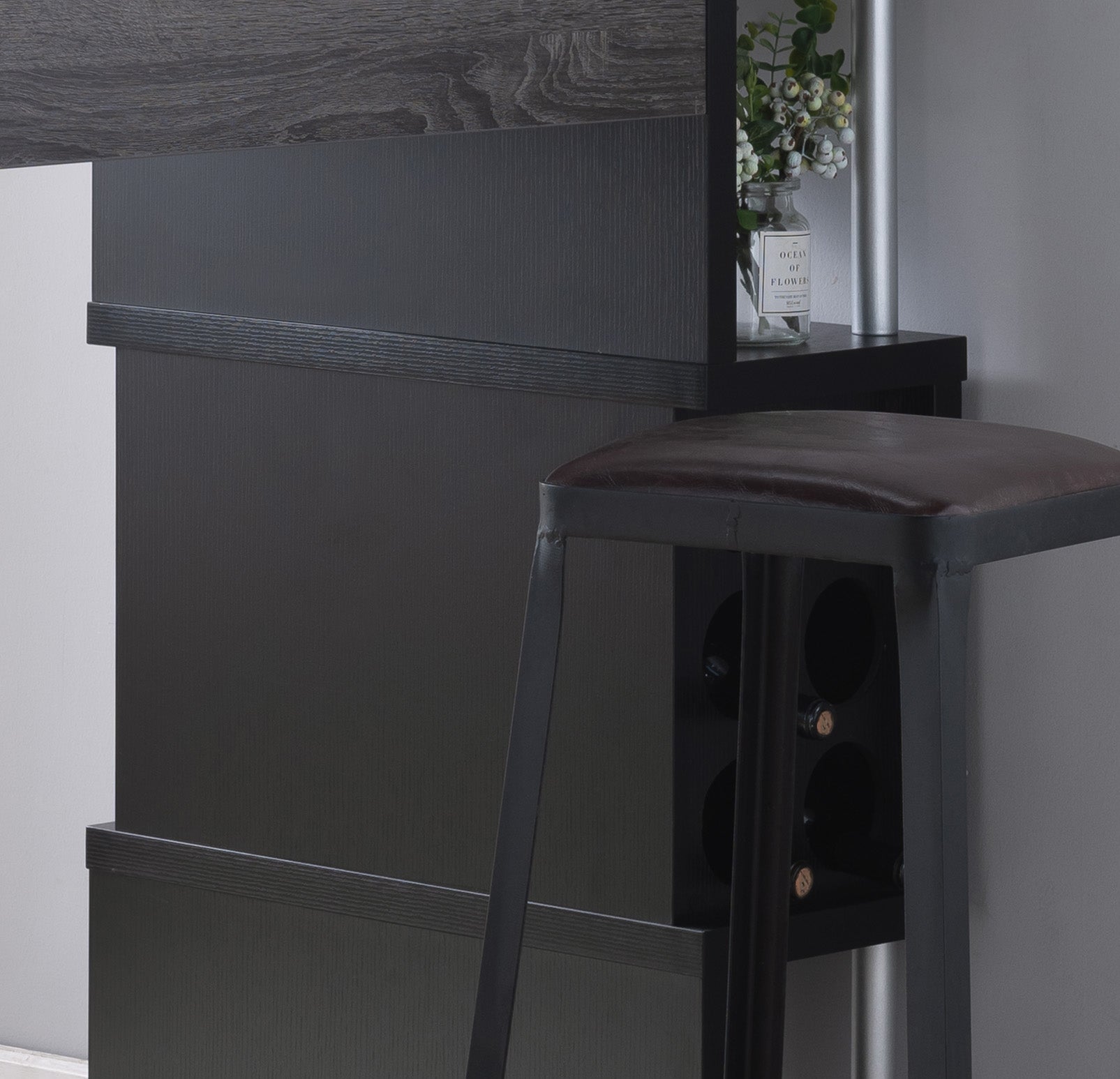 Home Bar Table with Wine Glass Compartment and Three Shelves in Distressed Grey & Black