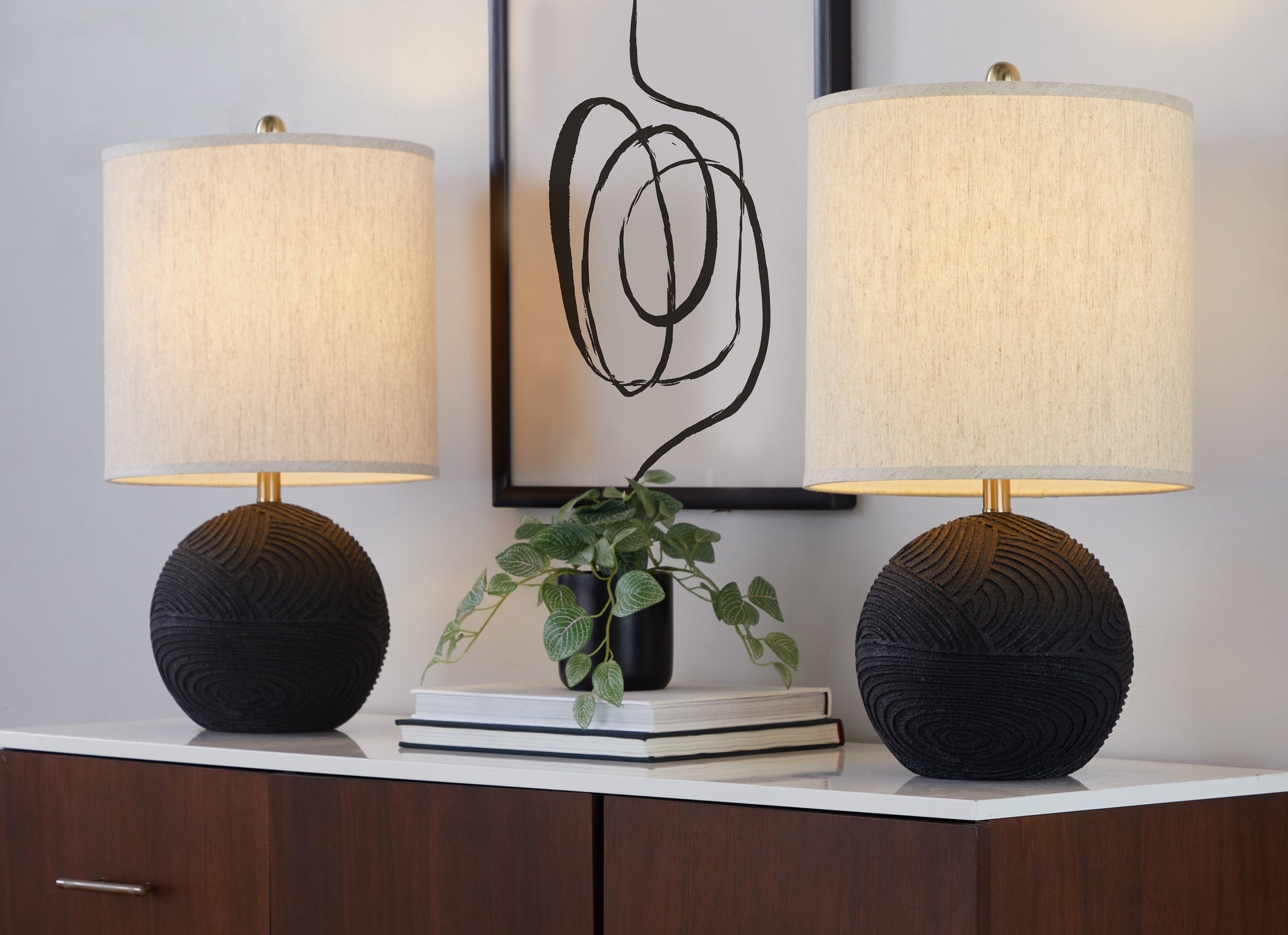 Kona 23" Contemporary Polyresin Table Lamp in Matte Black Polyresin, Modern Brass and Natural Linen Shade from Grandview Gallery by LumiSource - Set of 2
