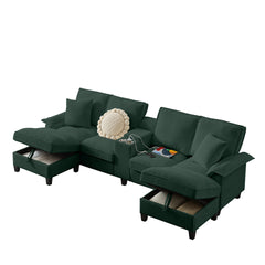 120" Modular Corduroy Sectional Sofa Bed with Storage – Modern U-Shaped Design, 4-Seater, Perfect for Living Room, Apartment, or Lounge, Featuring Cup Holders for Added Convenience (green)"