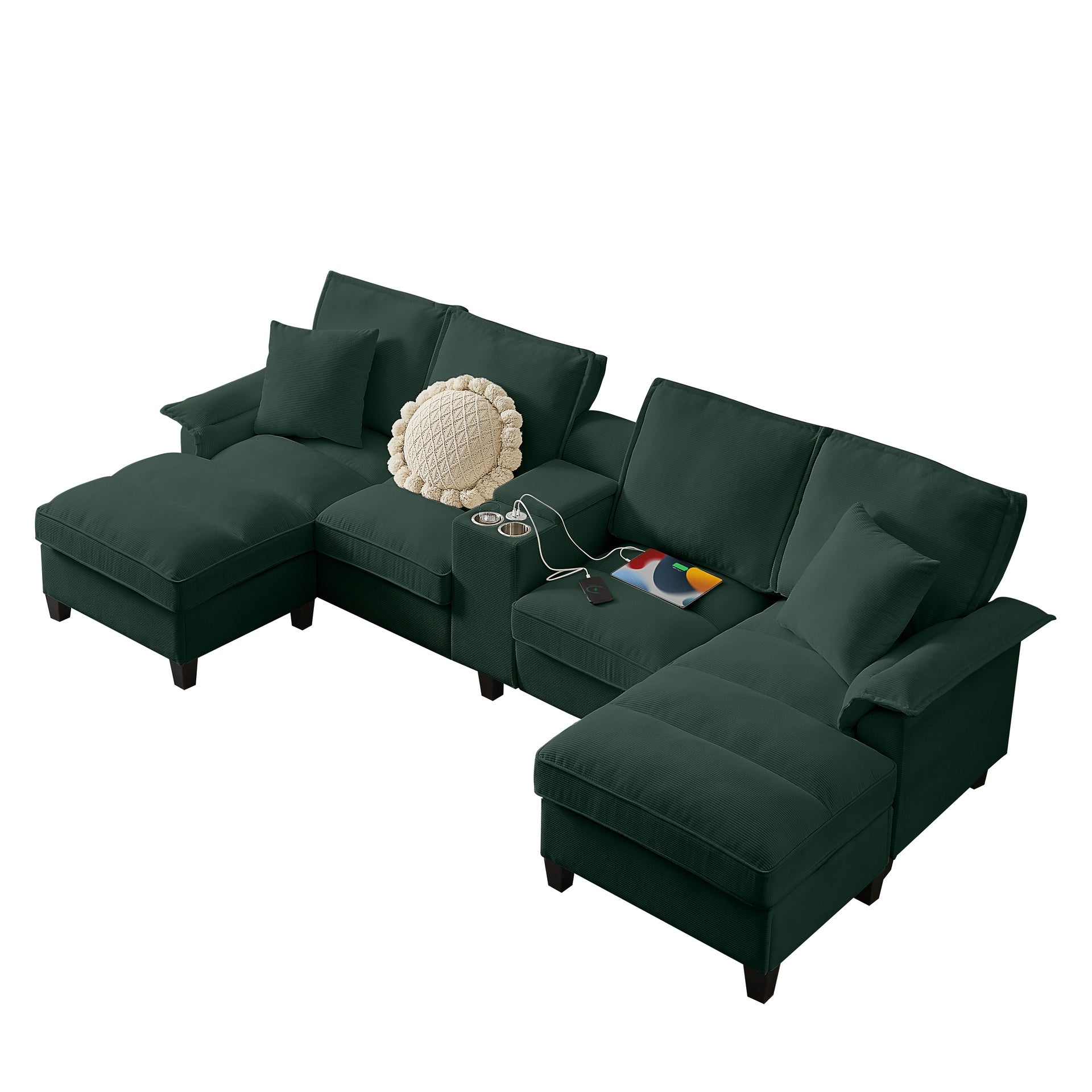 120" Modular Corduroy Sectional Sofa Bed with Storage – Modern U-Shaped Design, 4-Seater, Perfect for Living Room, Apartment, or Lounge, Featuring Cup Holders for Added Convenience (green)"