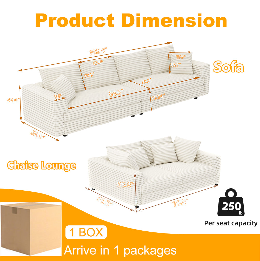 102.4 "Plush Corduroy 4-Seat Sofa,Modern Comfy Upholstered Sofa Cloud Couch,Deep Seat Couches with Soft Pillows and Movable Ottoman,Convertible Sofa Lounge Chair,for Living Room,Apartment,Office,Beige